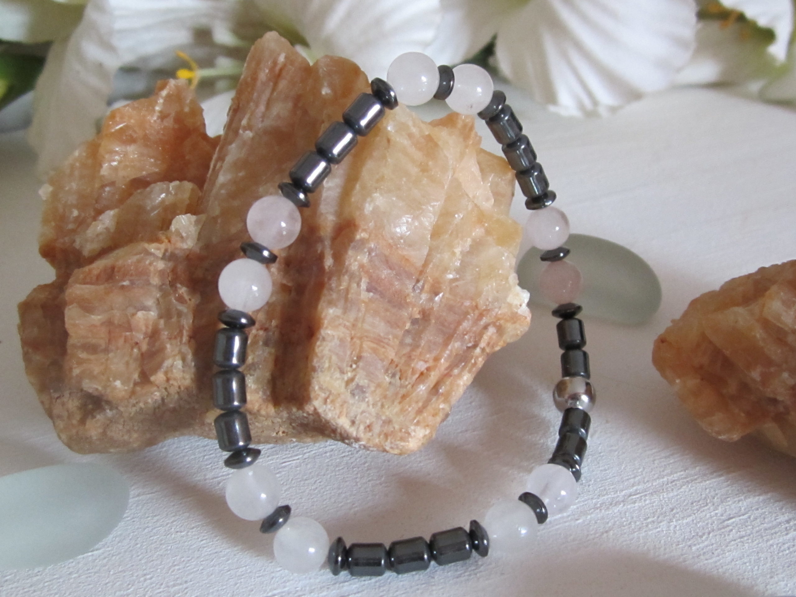 Bracelet Hématite et Quartz Rose