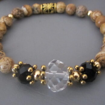 Bracelet Jaspe Paysage Perles Inox doré et cristal