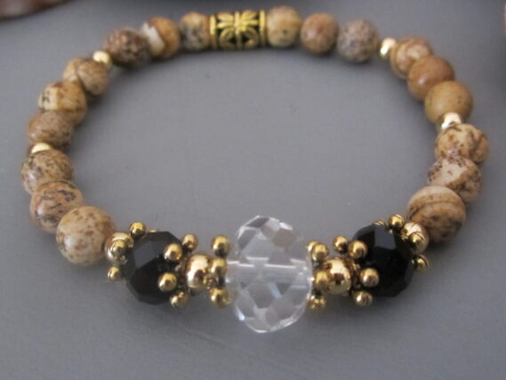 Bracelet Jaspe Paysage Perles Inox doré et cristal