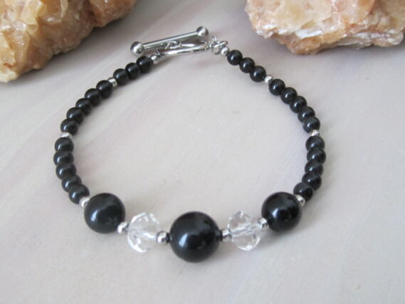 Bracelet Obsidienne noire et Perles cristal et Inox